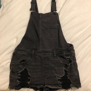 Express black denim distressed overalls